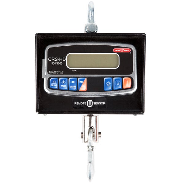A black rectangular Tor Rey digital crane scale with a hook.