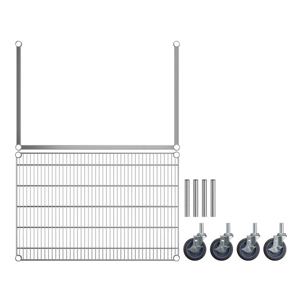 A chrome-plated dunnage rack with wheels and tubular metal frame.
