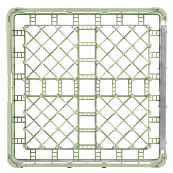 A light green Vollrath plastic tray and pan rack with white plastic bars.