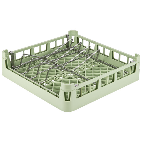 A light green Vollrath dish rack with metal handles.