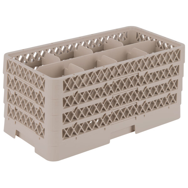 A beige plastic Vollrath Traex glass rack with eight compartments.