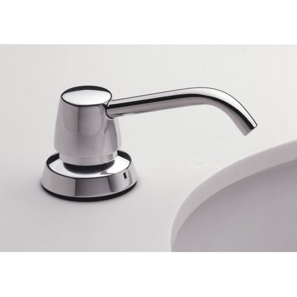 A Bobrick deck mounted liquid soap dispenser with a chrome finish.