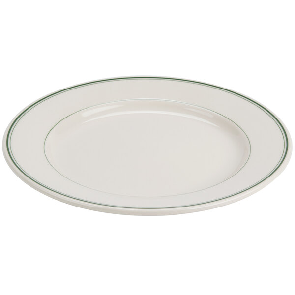 A white Homer Laughlin plate with a green band on the rim.