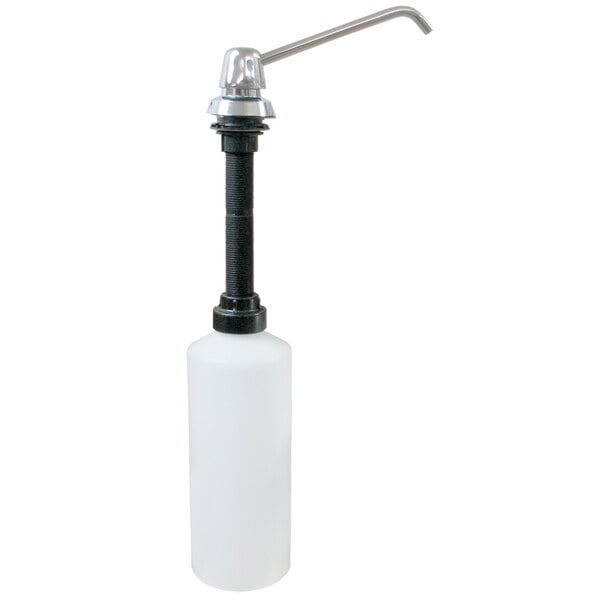 A white rectangular soap dispenser with a black screw.