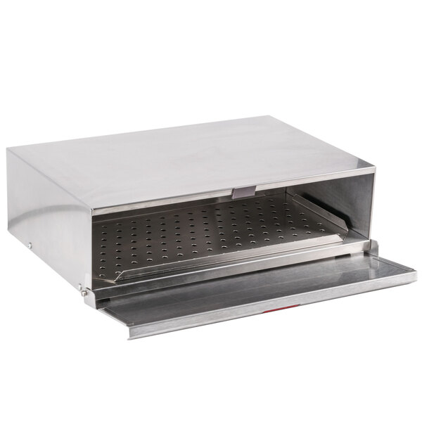 A silver rectangular metal box with a lid open holding hot dog buns.