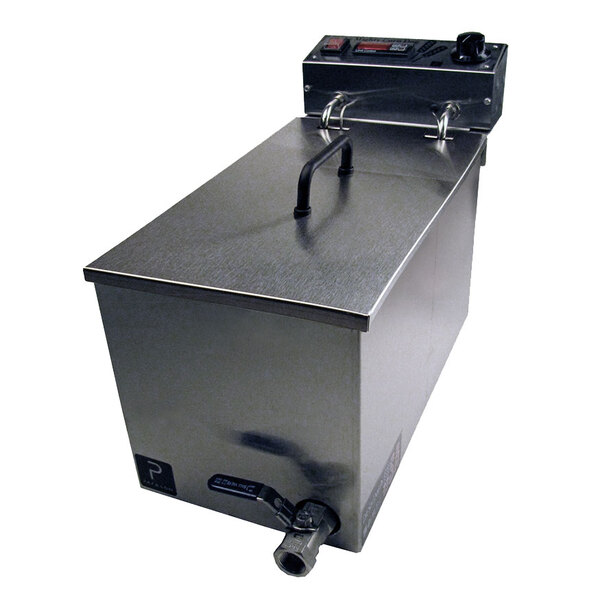 A Paragon Mighty Corn Dog Fryer, a stainless steel deep fryer with a lid and a control panel.