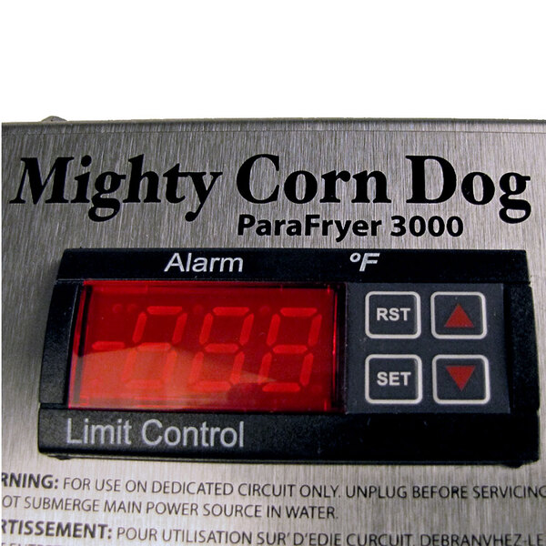 A red digital display with the words "Mighty Corn Dog Parryer 3000" and numbers.