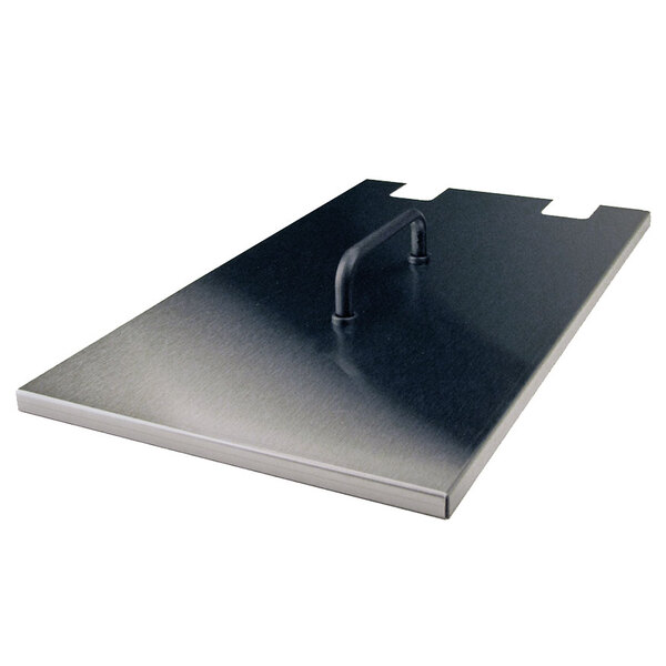 A stainless steel tray with a metal plate on top with a handle.