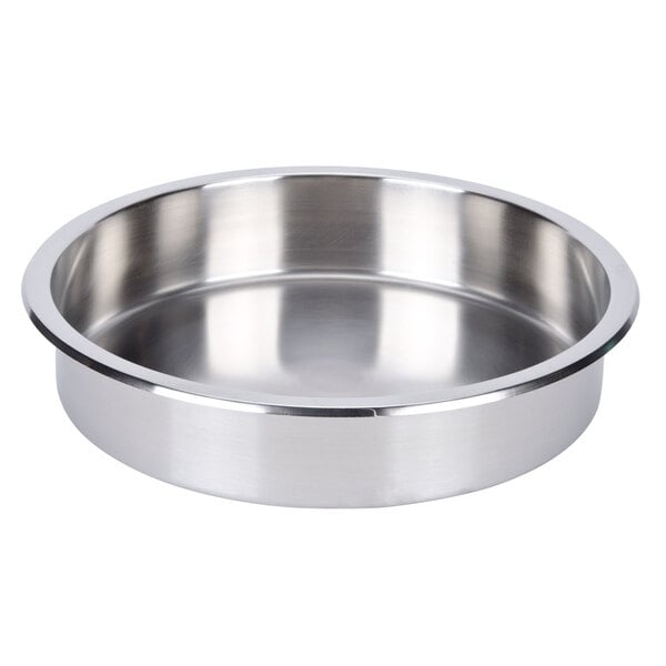 A close-up of a stainless steel bowl with a round rim.
