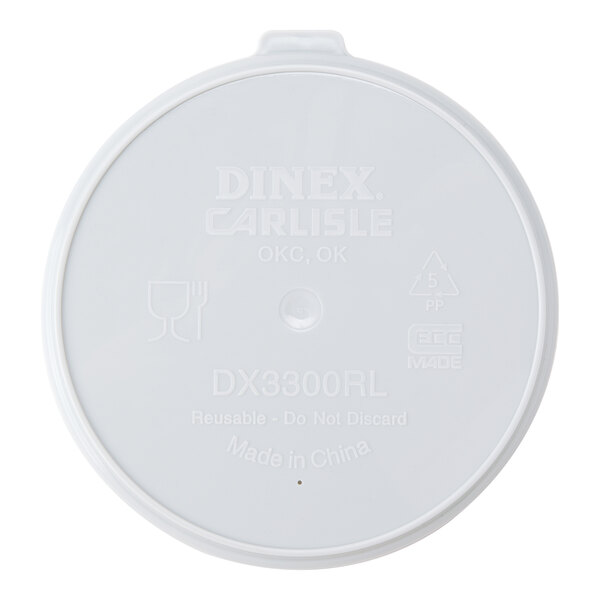 A Dinex white plastic lid with text.