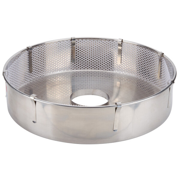 A metal circular floss bowl stabilizer with net clips and holes in it.