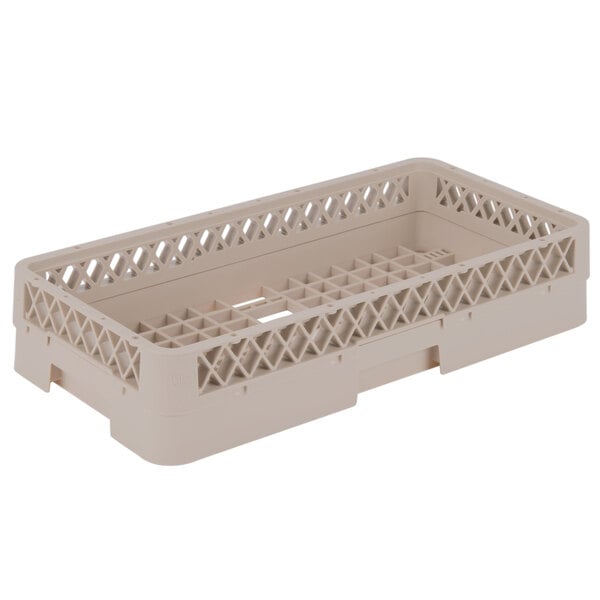 A beige plastic Vollrath Traex dish rack with extenders and holes.