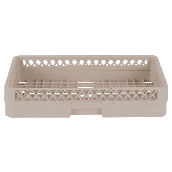 A beige plastic dish rack with extenders and holes.