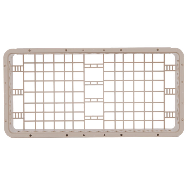 A beige plastic dish rack with a grid pattern.
