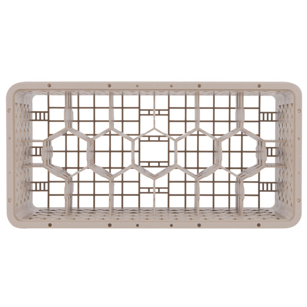 A beige plastic basket with 17 compartments and holes in it.