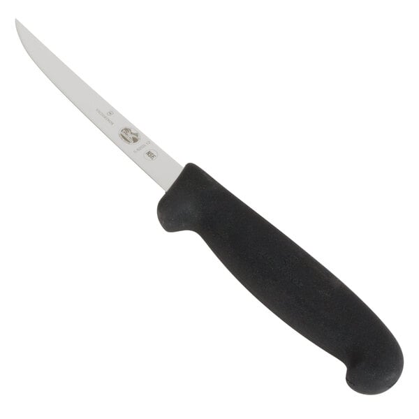 A Victorinox narrow semi-flexible boning knife with a black handle.