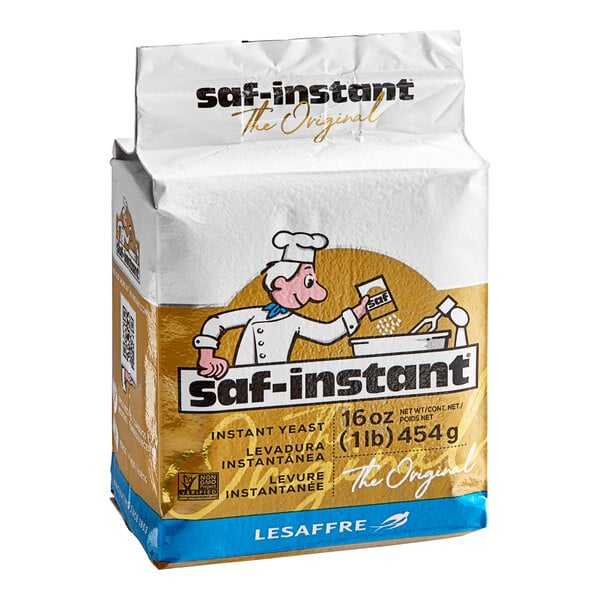 A white and gold Lesaffre SAF-Instant Yeast vacuum package.