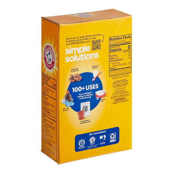A yellow box of Arm & Hammer Baking Soda with blue and white text.