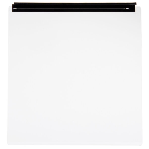 The front glass door for a Vollrath countertop food warmer with a black handle and black clips on white paper.