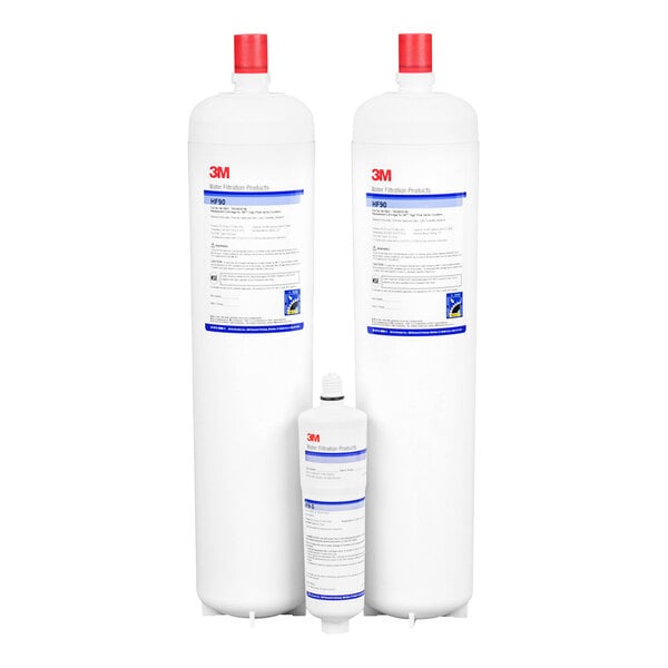 3M Water Filtration Products replacement cartridge kit with white containers and blue labels on the top.