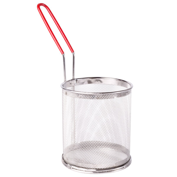 A Town stainless steel mesh strainer/blanching basket with a red handle.