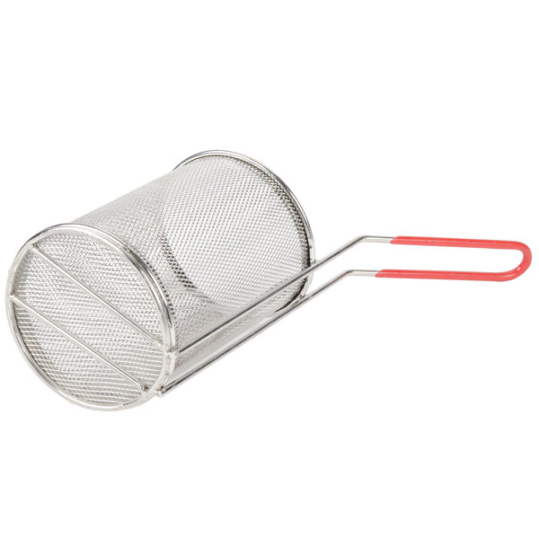 A Town stainless steel strainer with a red handle.