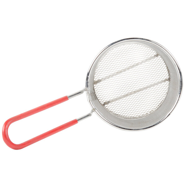 A Town stainless steel strainer with a red handle.