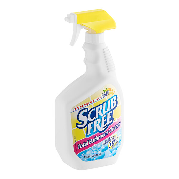 A white bottle of Scrub Free restroom cleaner with a yellow cap and label.