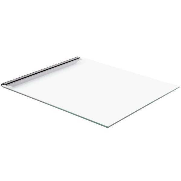 A glass door with a black metal handle for a Vollrath countertop food warmer.