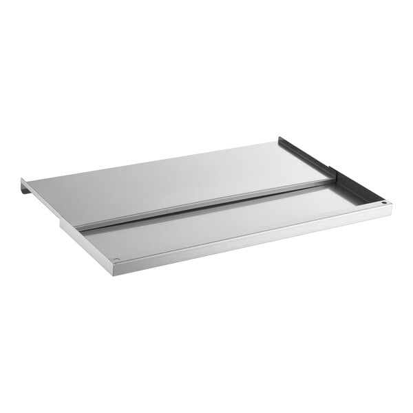 A rectangular, flat, stainless steel sliding lid with raised edges on three sides.