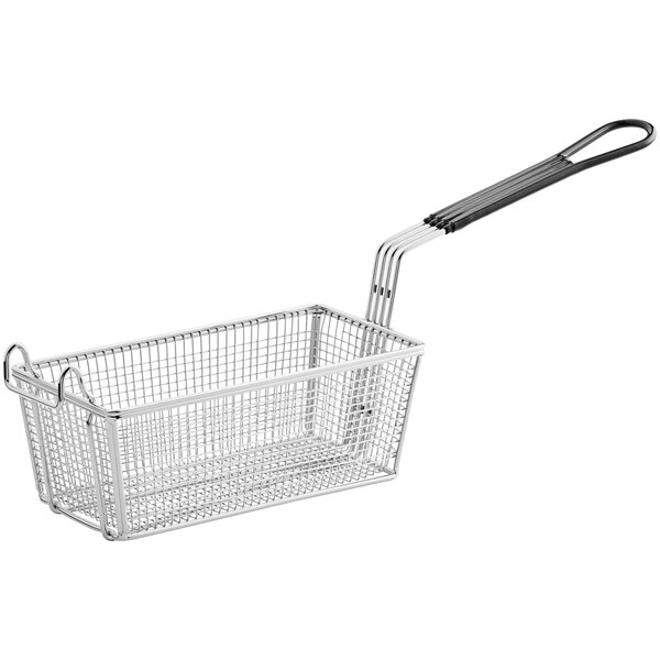 An R & V Works fryer basket with a black handle.