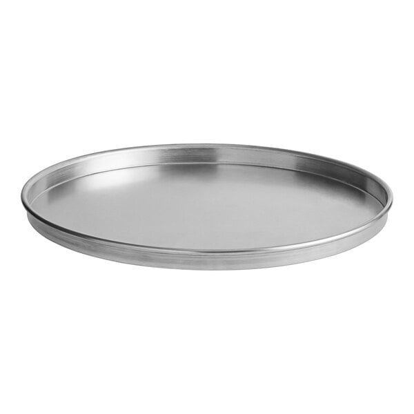 A round, heavy weight aluminum pizza pan with straight sides.