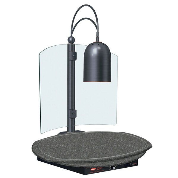 A Hatco carving station lamp with a black base and shade.