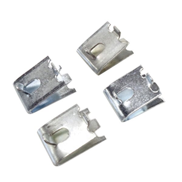 Four silver metal shelf clips.