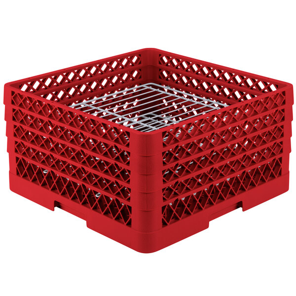 A red plastic Vollrath Traex Plate Crate with metal wire dividers.