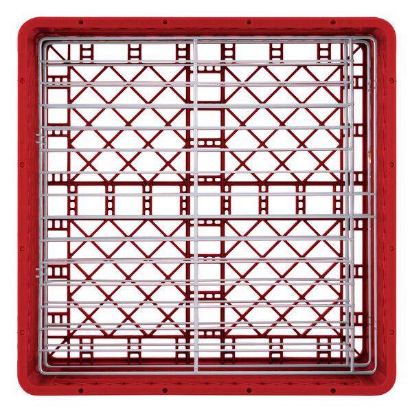 A red plastic Vollrath Traex plate rack with metal grids.