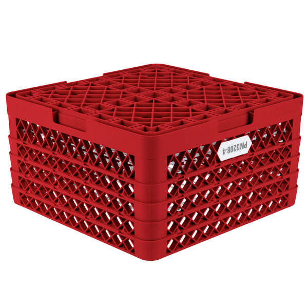 A red plastic Vollrath Traex Plate Crate with 32 compartments for 7 5/8" to 8" plates.