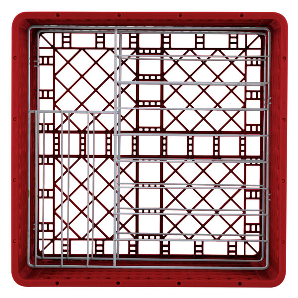 A red Vollrath Traex plate rack with metal bars.