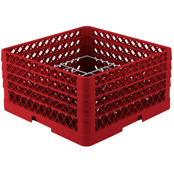 A red plastic Vollrath Traex Plate Crate with metal rods.