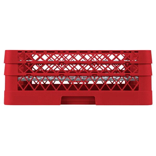 A red plastic Vollrath Traex Plate Crate with a mesh pattern and silver metal structure.