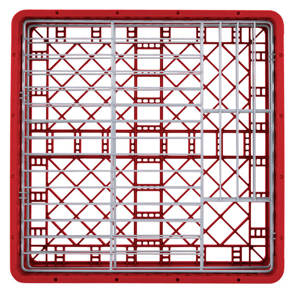 A red and white plastic Vollrath Traex Plate Crate with metal grids inside.