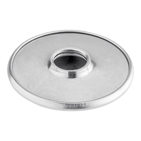 A stainless steel round metal sprayhead with 6 holes.