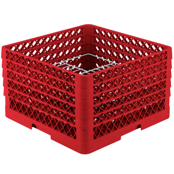 A red plastic Vollrath Traex plate rack with metal rods.