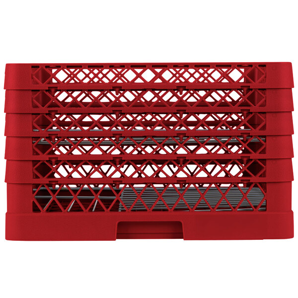 A red plastic Vollrath Traex Plate Crate with silver metal rods.
