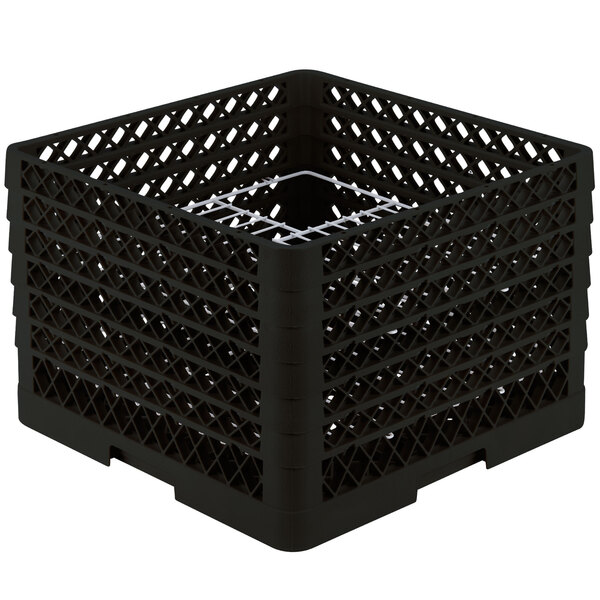 A black plastic Vollrath Traex Plate Crate with metal rods.