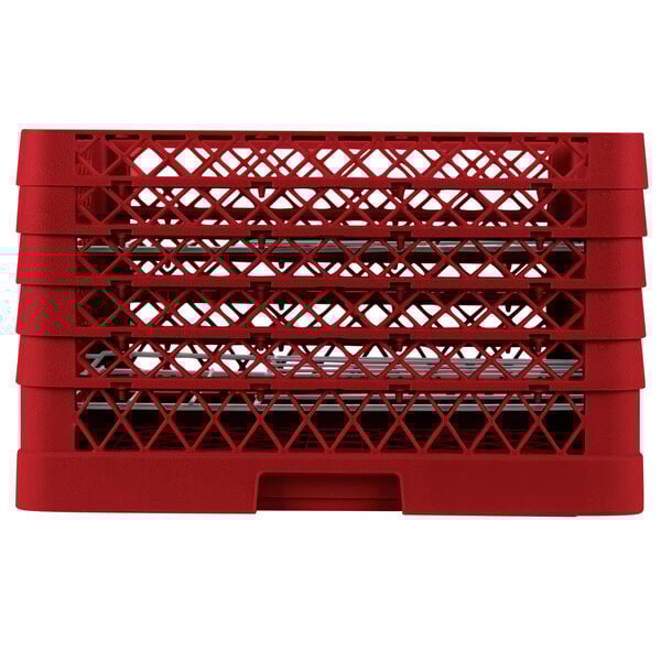 A red plastic Vollrath Traex plate rack with metal rods.