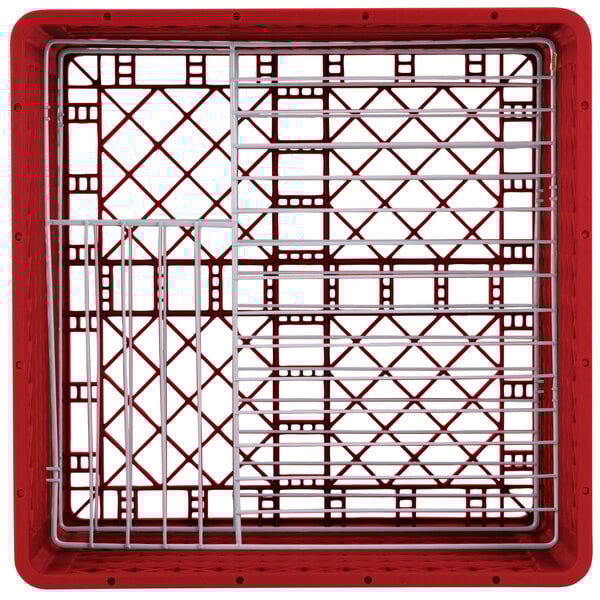 A red plastic Vollrath Traex Plate Crate with metal dividers.