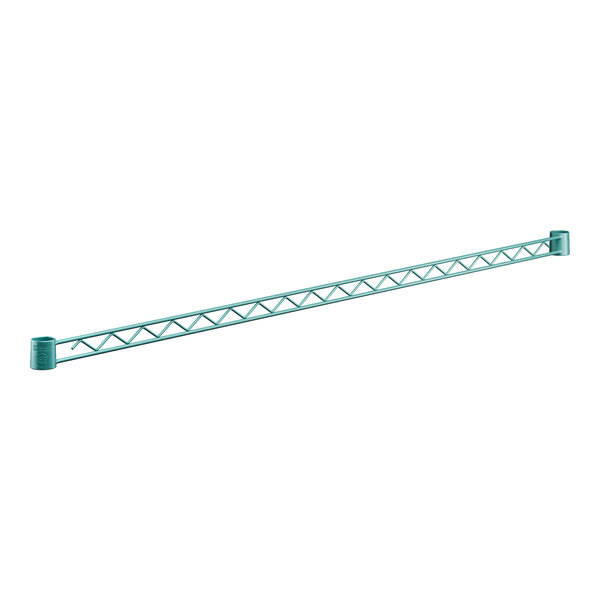 A long metal beam with blue ends on a white background.