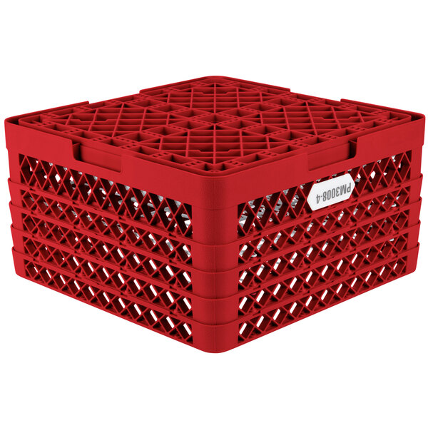A red plastic Vollrath Traex Plate Crate with 30 compartments.