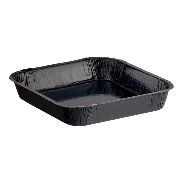 A black square oven-safe heavy-duty paperboard brownie or cake pan.